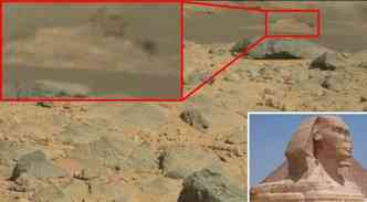 A estranha estrutura (detalhe) descoberta em Marte, e que teria a forma da famosa esfinge egpcia, vem causando polmica na internet(foto: NASA/JPL-CALTECH/MSSS/Divulgao)