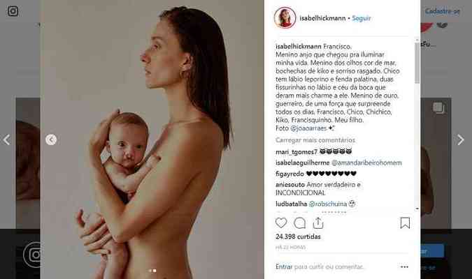A modelo Isabel Hickmann compartilhou no Instagram fotos de seu filho Francisco, de apenas 2 meses, que nasceu com lbio leporino(foto: Instagram/isabelhickmann/Reproduo)