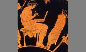 Um vaso pintado pelo grego Douris, no ano 500 a.C., tambm exibe um suposto laptop, e tambm uma caneta stylus(foto: YouTube/Reproduo)