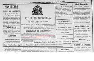 O jornal Gazeta de Ouro Fino de agosto de 1892 traz um anncio da escola Mendona, de Pouso Alegre, sul de Minas, com a prtica de 