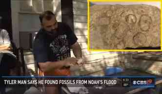 O americano Wayne Propst encontrou fsseis de caramujo (detalhe) no jardim da casa de sua tia, e acredita que sejam da poca do dilvio bblico(foto: YouTube/Reproduo)