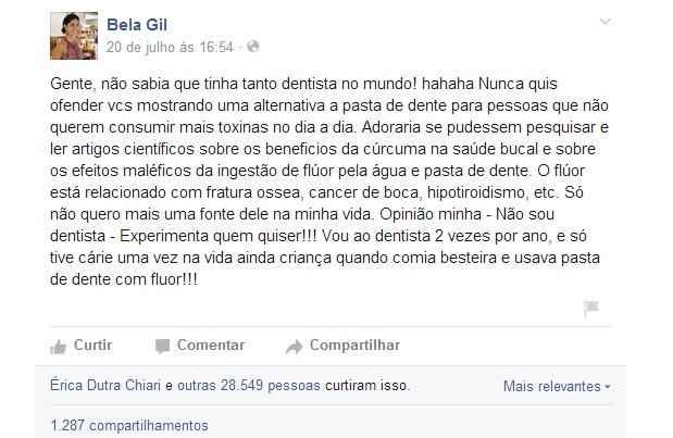 Facebook/belagiloficial/Reprodução Facebook/belagiloficial/Reprodução