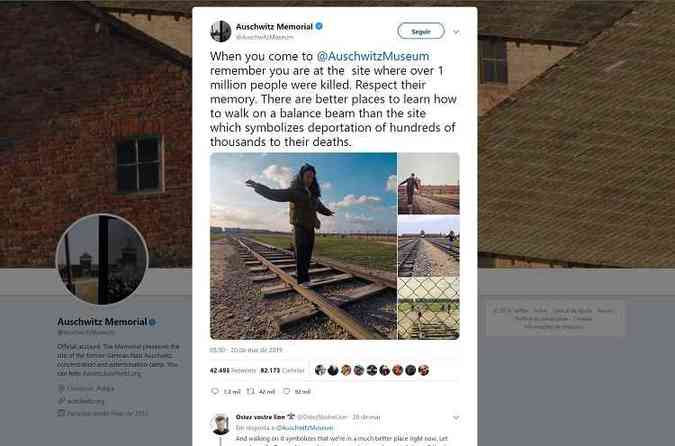 Por meio do Twitter, o Museu de Auschwitz fez um alerta aos visitantes para que tenham mais respeito ao tirar fotos no local(foto: Twitter/AuschwitzMuseum/Reproduo)