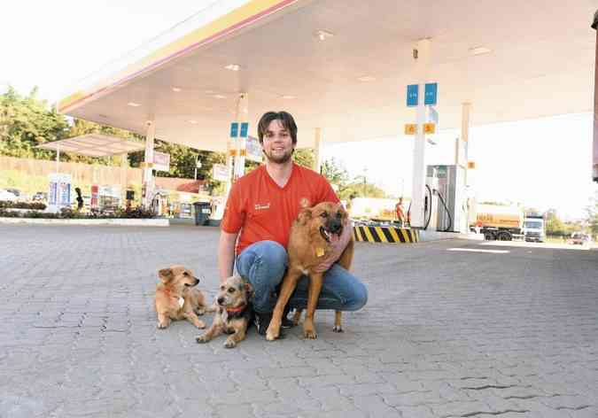 O empresário Alexandre Ferreira com os cãezinhos Douradinha, Lolo e Thor, que têm direito até a crachá: 