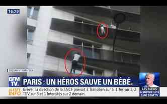 Numa atitude heroica, o imigrante africano Mamoudou Gassama escalou quatro andares de um prdio em Paris para salvar um garoto que estava prestes a cair(foto: Twitter/BFMParis/Reproduo)