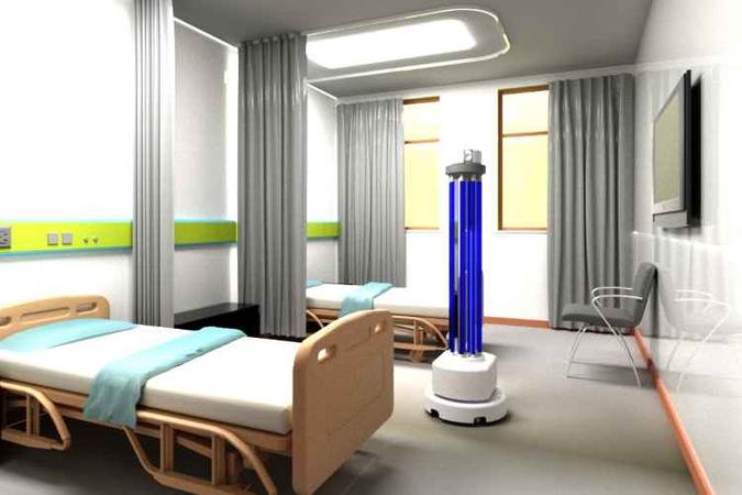 Simulação digital mostra um dos robôs Hygis, da UVTronic, em um quarto de hospital(foto: UVTronic/Divulgação) Simulação digital mostra um dos robôs Hygis, da UVTronic, em um quarto de hospital(foto: UVTronic/Divulgação)