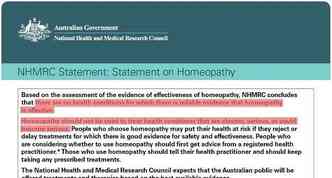 Reproduo do documento emitido pelo Conselho Nacional de Pesquisa Mdica e de Sade da Austrlia com destaque para a parte que mostra a ineficcia da homeopatia(foto: Australia Government/Reproduo)