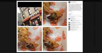 A rede americana de fast food Popeyes diz que o suposto rato encontrado no meio do frango frito da loja em Nova Iorque, na verdade,  apenas um rgo, como um corao(foto: Facebook/rosemary.thomas.7568/Reproduo)