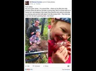 A foto de uma criana mordendo o corao ensanguentado de um cervo, na Nova Zelndia, causou revolta nos usurios do Facebook(foto: Facebook/NZ-Woman-Hunters/Reproduo)