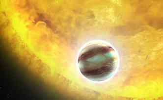 Concepo artstica mostra o exoplaneta HAT-P-7b que, segundo os astrnomos da Universidade de Warwick, possui nuvens compostas por safiras e rubis(foto: Nasa/ESA/G. Bacon/Divulgao)