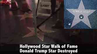 Um homem contrrio ao candidato republicano  presidncia dos Estados Unidos, Donald Trump, destruiu a estrela (detalhe) do magnata na Calada da Fama, em Hollywood(foto: YouTube/NFS/Reproduo)