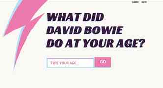 Basta colocar uma idade no site (at 69 anos, claro), para saber o que David Bowie fez nessa poca(foto: Supbowie.com/Reproduo)