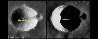 Nesta imagem  possvel ver a comparao da cratera Mersenius E com o Sol a pino, na esquerda, e com ele no horizonte,  direita, o que desfaz a iluso de tica(foto: Nasa/GSFC/ASU/Reproduo)