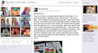 Na mensagem publicada no Facebook, a professora que trabalha em Ipatinga (MG) se diz triste por seu aluno no ter uma relao de afeto com a me(foto: Facebook/Marcia Moraes/Reproduo)