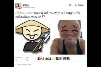 O filtro do aplicativo Snapchat, que supostamente simula um rosto asitico, foi considerado racista pelos internautas(foto: Twitter/tequilafunrise/Reproduo)