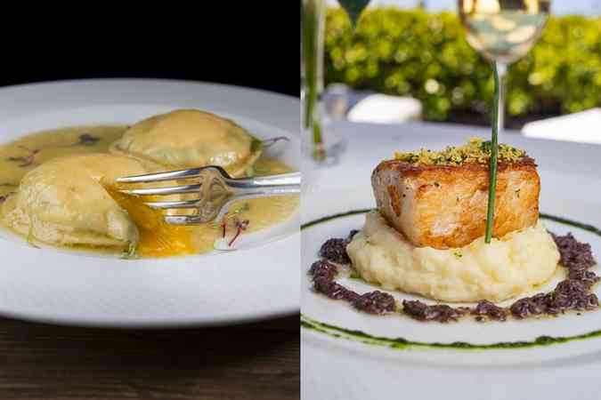 Duas opes que fazem sucesso na casa brasiliense: ravioli alla piemontese (grandes ravioles recheados de queijo Taleggio, aspargos e gema de ovo, com creme de trufas brancas) e pesce livornese (peixe marinado de alcaparras, ervas e azeitonas pretas com pur de batatas e limo)(foto: Helena de Castro/Divulgao)