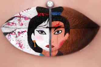 A maquiadora australiana Jazmina Daniel cria pinturas incrveis nos prprios lbios, como esse desenho que remete ao filme Mulan, da Disney(foto: Instagram/missjazminad/Reproduo)