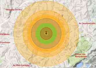 O mapa mostra as reas que seriam afetadas por uma exploso nuclear de 20 kilotons, a mesma que foi lanada sobre a cidade japonesa de Nagasaki em 9 de agosto de 1945. O crculo vermelho representa a rea em que ningum sobreviveria(foto: Nuclearsecrecy.com/nukemap/Reproduo)