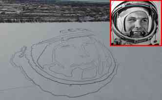 Nos 55 anos de sua ida ao espao, o cosmonauta russo Yuri Gagarin (detalhe) ganhou uma homenagem em sua terra natal: uma imagem gigante de seu rosto esculpida no gelo(foto: YouTube/Reproduo e Defence.pk/Reproduo)