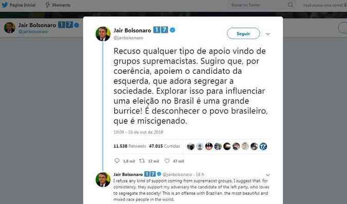Em publicao compartilhada no Twitter na ltima tera (16), o candidato Jair Bolsonaro diz que no quer apoio da Ku Klux Klan(foto: Twitter/jairbolsonaro/Reproduo)