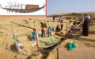 O barco (detalhe) foi encontrado no stio arqueolgico da necrpole de Abusir, a 25 km ao sul do Cairo, capital do Egito(foto: Charles University/Reproduo)