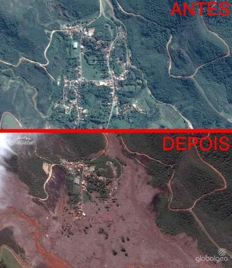 Imagens de antes e depois do rompimento das barragens em Mariana