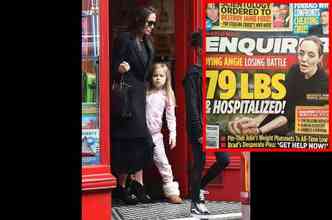 A atriz Angelina Jolie, segundo o tabloide americano The Enquirer (detalhe), estaria lutando pela via em um hospital, sofrendo com cncer, anorexia e paranoia(foto: Momgelina.itsmyprecious.us/Reproduo)