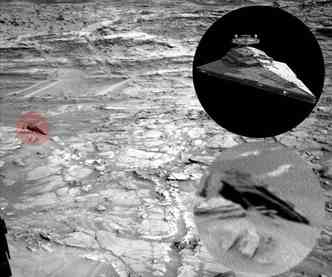 A imagem feita pelo rob Curiosity, da Nasa, mostra uma formao no solo de Marte que seria parecida com a nave destrier (detalhe acima), da saga Star Wars(foto: Nasa/Divulgao)