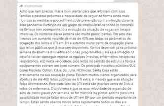 Mensagem de autoria do mdico Reynaldo Gomes de Oliveira que circula em grupos de WhatsApp: no  hora de descuidar (foto: WhatsApp/Reproduo)