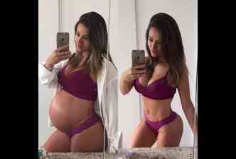 A modelo e nutricionista Aryane Steinkopf publicou essas duas fotos comparando sua barriga durante a gravidez e aps o parto de seu filho Aaro, e deixou os fs perplexos(foto: Instagram/aryoficial/Reproduo)