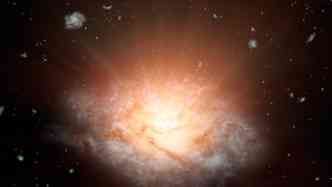 Imagem conceitual mostra de como seria a viso da galxia que  a mais brilhante j descoberta, e que possui um gigantesco buraco negro em seu interior (foto: NASA/JPL-Caltech/Divulgao)