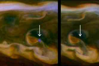 Em 2004, a nave de explorao espacial Cassini flagrou a ocorrncia de raios na atmosfera de Saturno. O ponto azul na imagem  o momento em que foi registrado o relmpago(foto: Nasa/Divulgao)