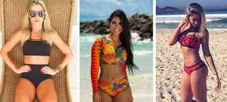 Os novos biqunis conquistam celebridades: Andressa Suita veste um hot pant; Amanda Djehdian usa um manga longa; e Carol Narizinho exibe o moderno 3D colorido(foto: Instagram/Reproduo)