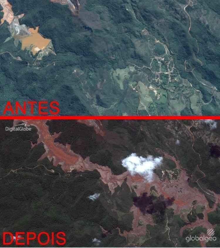 Imagens de antes e depois do rompimento das barragens em Mariana