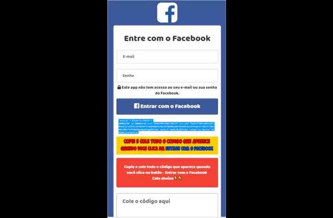 Esta  a tela usada pelos hackers para roubar as informaes de login dos usurios do Facebook(foto: PSafe/Reproduo)