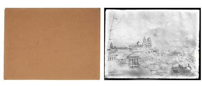 Antes e depois de desenho de Guignard de 1956 recuperado (foto: Museu Casa Guignard / Divulgao)