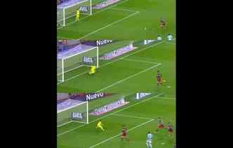 Na hora de bater o pnalti contra o Celta de Vigo, no dia 14 de fevereiro, o craque Messi inova e rola a bola para Surez marcar pela terceira vez na partida(foto: YouTube/Reproduo)