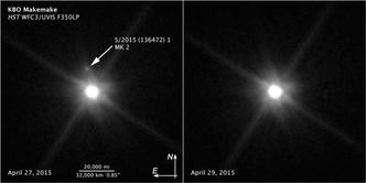O pequeno ponto indicado na imagem feita pelo telescópio Hubble, divulgada agora pela Nasa, corresponde ao satélite do planeta anão Makemake(foto: NASA/ESA/Z. Levay (STScI)/Divulgação) O pequeno ponto indicado na imagem feita pelo telescópio Hubble, divulgada agora pela Nasa, corresponde ao satélite do planeta anão Makemake(foto: NASA/ESA/Z. Levay (STScI)/Divulgação)