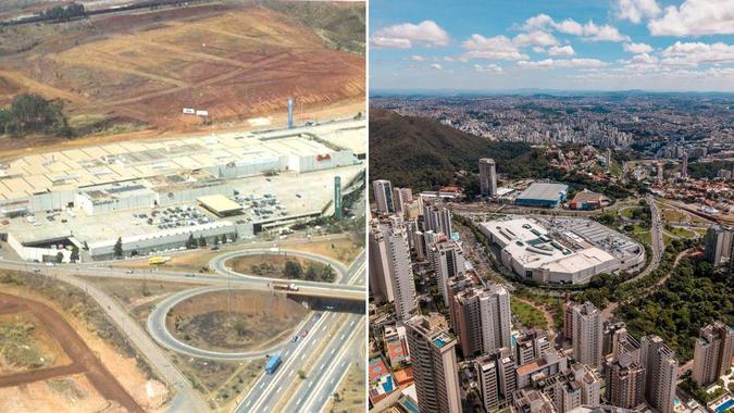 Vista area do BH Shopping e regio do Belvedere na dcada de 1980 e hoje em dia: a histria do bairro e do mall se entrelaam(foto: Acervo BH Shopping | Luke Garcia/Divulgao)