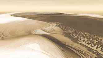 Perspectiva artstica mostra as grandes camadas de gelo descobertas em Marte e que, segundo a Nasa, podero servir de moradia para futuras misses ao planeta(foto: NASA/JPL/Arizona State University, R. Luk/Divulgao)
