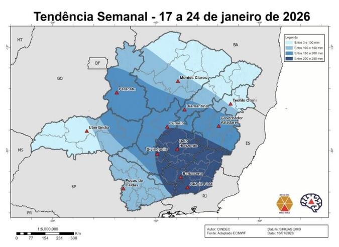 Previs�o de volume de chuva entre sexta-feira (17) e s�bado (24)(foto: Cedec / Divulga��o)