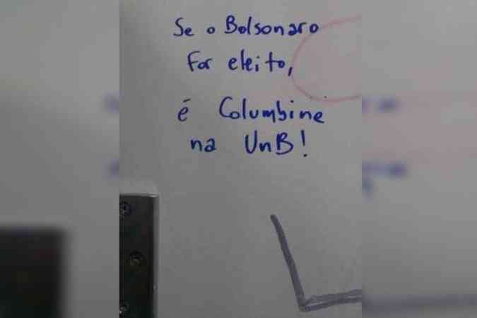 Aluno da Universidade de Braslia (UnB) compartilhou nas redes sociais uma pichao em tom de ameaa que associa o massacre de Columbine  eleio de Bolsonaro(foto: Twitter/Reproduo)