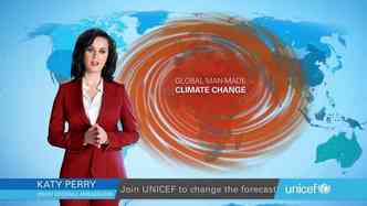 A embaixadora do Unicef Katy Perry participa de vdeo sobre como a mudana climtica est causando srios problemas para as crianas em todo o mundo(foto: YouTube/Unicef/Reproduo)