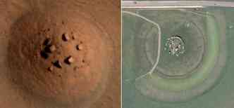  esquerda vemos a estranha formao rochosa fotografada em Marte, e  direita, o famoso monumento neoltico Stonehenge, no Reino Unido(foto: Nasa/Divulgao e Google Maps/Reproduo)