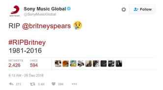 Na manh desta segunda, dia 26 de dezembro, um grupo hacer invadiu o Twitter da gravadora Sony Music Global e publicou a falsa notcia da morte da cantora pop Britney Spears(foto: Twitter/SonyMusicGlobal/Reproduo)