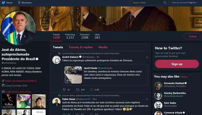 No Twitter, o ator Jos de Abreu ironizou o venezuelano Juan Guaid e se autoproclamou presidente do Brasil(foto: Twitter/zehdeabreu/Reproduo)