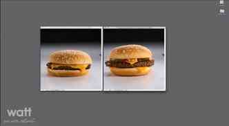 Na comparao feita pela prpria McDonald's do Canad, o Quartero da esquerda, comprado numa loja,  bem menor do que o da direita, criado em estdio(foto: YouTube/Reproduo)