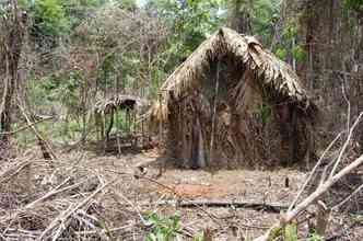 O indgena vive sozinho numa cabana simples e ganha ajuda de funcionrios da Funai, que deixam sementes e ferramentas em locais especficos da mata(foto: Funai/Divulgao)