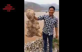 Uma criatura bizarra com traos que lembram um ser humano teria sido encontrada numa praia da China(foto: YouTube/The Hidden Underbelly 2.0/Reproduo)