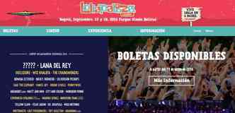 O site oficial do festival Lollapalooza na Colmbia traz cinco interrogaes no lugar do nome da Rihanna, que seria a atrao principal do evento, ao lado de Lana Del Rey(foto: Lollapaloozaco.com/Reproduo)